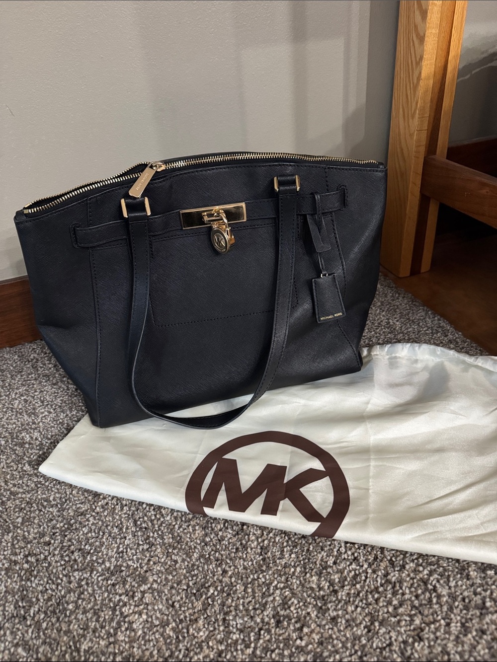 Michael Kors Black Leather Tote with Gold Accent Lock